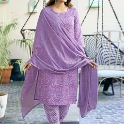 BAESD Women Floral Printed Regular Kantha Work Pure Cotton Kurta with Trousers & With Dupatta-11