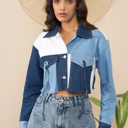 StyleStone Women Colourblocked Crop Outdoor Denim Jacket with Patchwork-picture-41