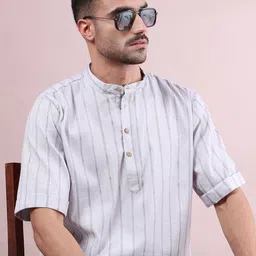 FILORI STUDIO Striped Mandarin Collar Pure Cotton Short Kurta-27