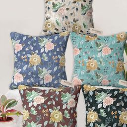 Blue Grass Blue & Green 5 Pieces Floral Printed Velvet Square Cushion Covers-image-66