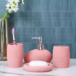 TAYHAA Peach-Coloured 4 piece Geometric Resin Bath Accessories Set-8