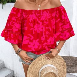 Outzidr Women Floral Printed Smocking Off-Shoulder Bell Sleeves Top-image-28