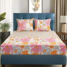 Story@home Beige & Pink Printed 180 TC Microfiber Queen Bedsheet with 2 Pillow Covers-34