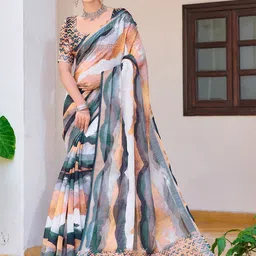 Anouk Striped Abstract Printed Saree With Unstitched Blouse Piece-6