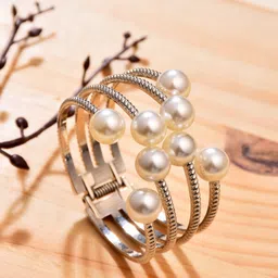 Reenisaa Rhodium-Plated Pearls Kada Bracelet-image-10