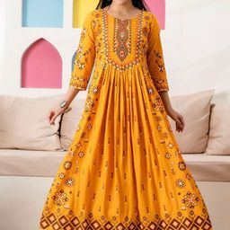 RAABA Ethnic Motifs Printed Pleated Mirror Work A-Line Kurta-picture-13