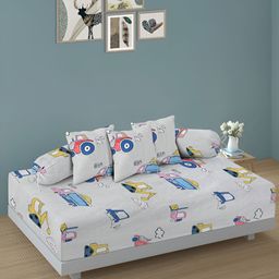 Aura Set Of 6 Grey & Off White Printed Cartoon TC Cotton Diwan Set-3