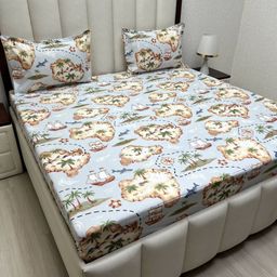 Pure Decor Blue & Brown Graphic 250 TC Queen Bedsheet with 2 Pillow Covers-34