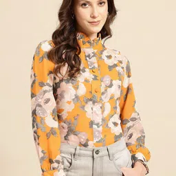 DressBerry Women Floral Printed Mandarin Collar Ruffles Shirt Style Top-image-24