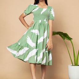 OTABU Print Puff Sleeve A-Line Midi Dress-image-98