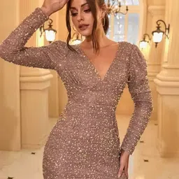Sequin Embellished V-Neck Mini Bodycon Dress-image-60