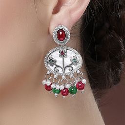 KARATCART Silver Plated Kundan Studded Oxidized Drop Earrings-18