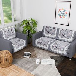 Kuber Industries White & Grey 6 Pieces Printed 3 Seater Cotton Sofa Cover-70