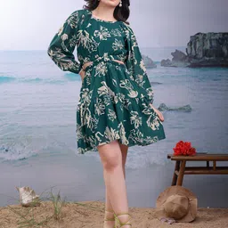 PURVAJA Women Floral Print Puff Sleeve Georgette Fit & Flare Dress-image-94
