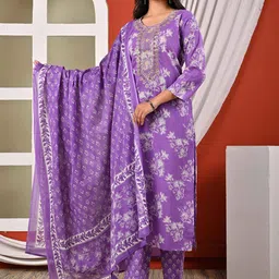 Jasoriya Women Floral Printed Embroidered Pure Cotton Aline Kurta With Trousers & Dupatta-17