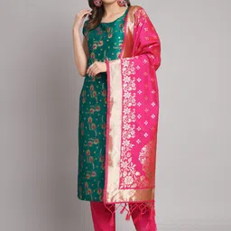 VredeVogel Ethnic Motifs Woven Design U-Neck Zari Kurta With Trousers & Dupatta-image-37