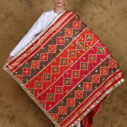 Exotic India Phulkari Dupatta From Punjab With Thread Embroidery And Bead Mirror Work-image-40