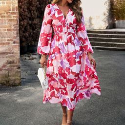 Mast & Harbour Women Floral Printed V-Neck Puff Sleeves Midi Fit & Flare Dress-image-16
