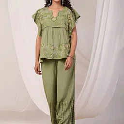 FREYAA Embroidered Pure Cotton Top & Palazzos Co-Ord Set-image-6
