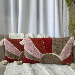 EXPORT HOUSE Off White & Pink Set of 2 Self Design Rectangle Cushion Covers-19