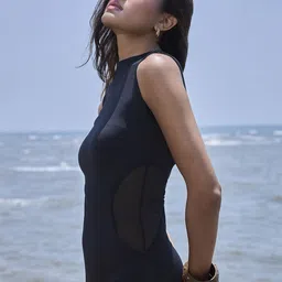 COLOR CAPITAL Women Solid Cut-Outs High Neck Semi Sheer Bodycon Maxi Dress-image-31