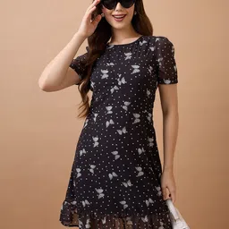 Globus Women Black Polka Dots Round Neck Short Puff Sleeves Fit & Flare Mini Dress-image-46