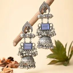 Anvik Silver-Plated Artificial Stones and Beads Dome Shaped Oxidised Jhumkas Earrings-picture-34