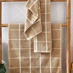 Home Centre Set Of 3 Beige & White Checked Cotton Hand Towels-14