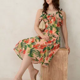 Outzidr Tropical Printed Ruffles Detail A-Line Dress-picture-17