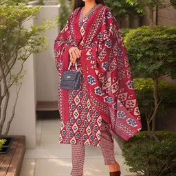 Banwaree Ethnic Motifs Printed Thread Work Pure Cotton Kurta With Trousers & Dupatta image 3
