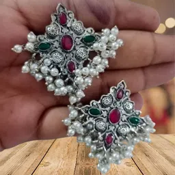 OPUS GEMS Artificial Stones Studded & Beaded Oxidised Oval Shaped Studs-picture-13