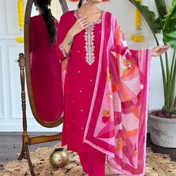 THE52 Floral Embroidered Thread Work Chanderi Cotton Kurta With Trousers & Dupatta-52