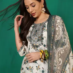 Sangria Printed Round Neck Art Silk Straight Kurta With Trouser & Dupatta-11