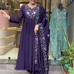 KALINI Floral Yoke Design Thread Work Anarkali Kurta With Palazzos And Dupatta-3