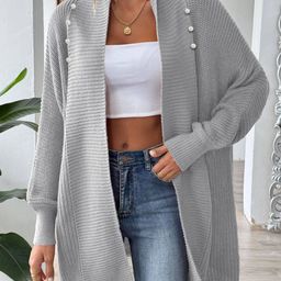 HERE&NOW Women Ribbed Longline Front Open Sweater with Embellished Detail-image-32