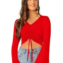 SHOPONBIT Women Solid Tie-Ups V-Neck Crop Cinched Waist Top-image-47
