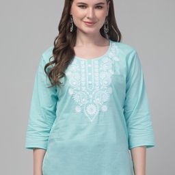 FAMBEE Floral Embroidered Thread Work Pure Cotton Thread Work Kurti-image-70