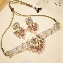 KARATCART Gold-Plated Kundan Studded & Beaded Floral Choker Jewellery Set-5