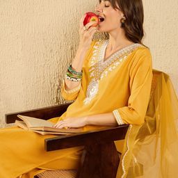 Indo Era Women Embroidered Regular Thread Work Kurta with Trousers & With Dupatta-picture-54