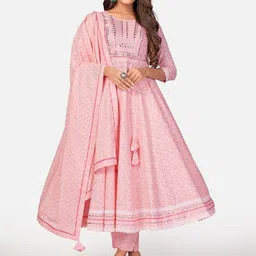 GULMEHAK Women Mirror Work Pure Cotton Anarkali Kurta with Trousers & Dupatta-picture-1