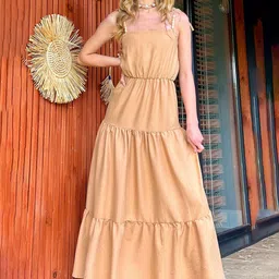 Trend Alacati stili Solid Cotton Shoulder Straps Maxi Dress-image-73