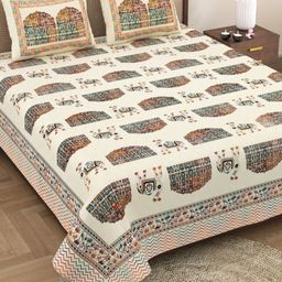 The Craft Monk Beige Hawa Mahal Printed 240TC Pure Cotton Double King Bedsheet Set-image-45