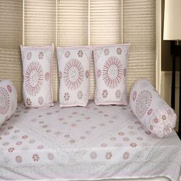 INDHOME LIFE 6 Pcs White & Red Printed Pure Cotton Diwan Set-19
