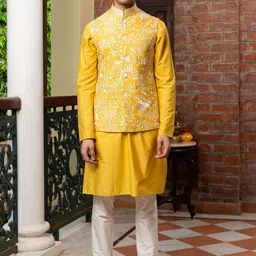 PATR Embroidered Mandarin Collar Woven Nehru Jacket-42