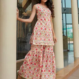 Fourleaf Floral Printed Round Neck Sleeveless Pure Cotton Kurti with Sharara-image-10