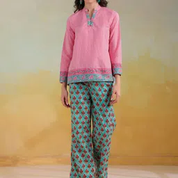 RangDeep Striped Mandarin Collar Pure Cotton Top With Trousers-45