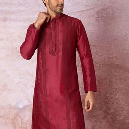 ASUKA Men Floral Embroidered Regular Chanderi Silk Kurta with Trousers-46