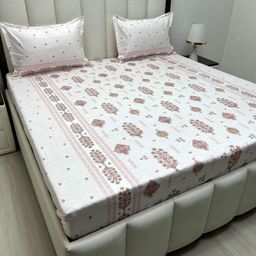Pure Decor White & Pink Ethnic Motifs 260 TC Queen Bedsheet with 2 Pillow Covers-image-35