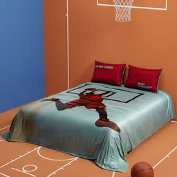 QuirkLoom Blue & Red Basket Ball Printed 300 TC Satin King Bedsheet Set 2.28 m x 2.74 m-image-42