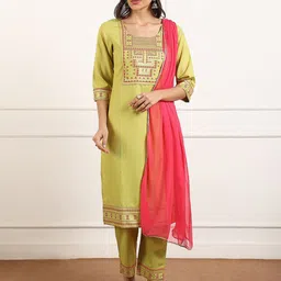 Ekta Textiles Floral Yoke Design Round Neck Gota Straight Kurta & Trouser With Dupatta-38